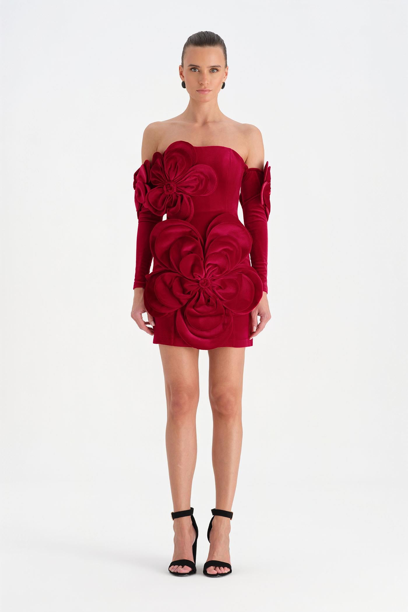 Çiçek Detaylı Kadife Mini Abiye Elbise - 26017C - KIRMIZI