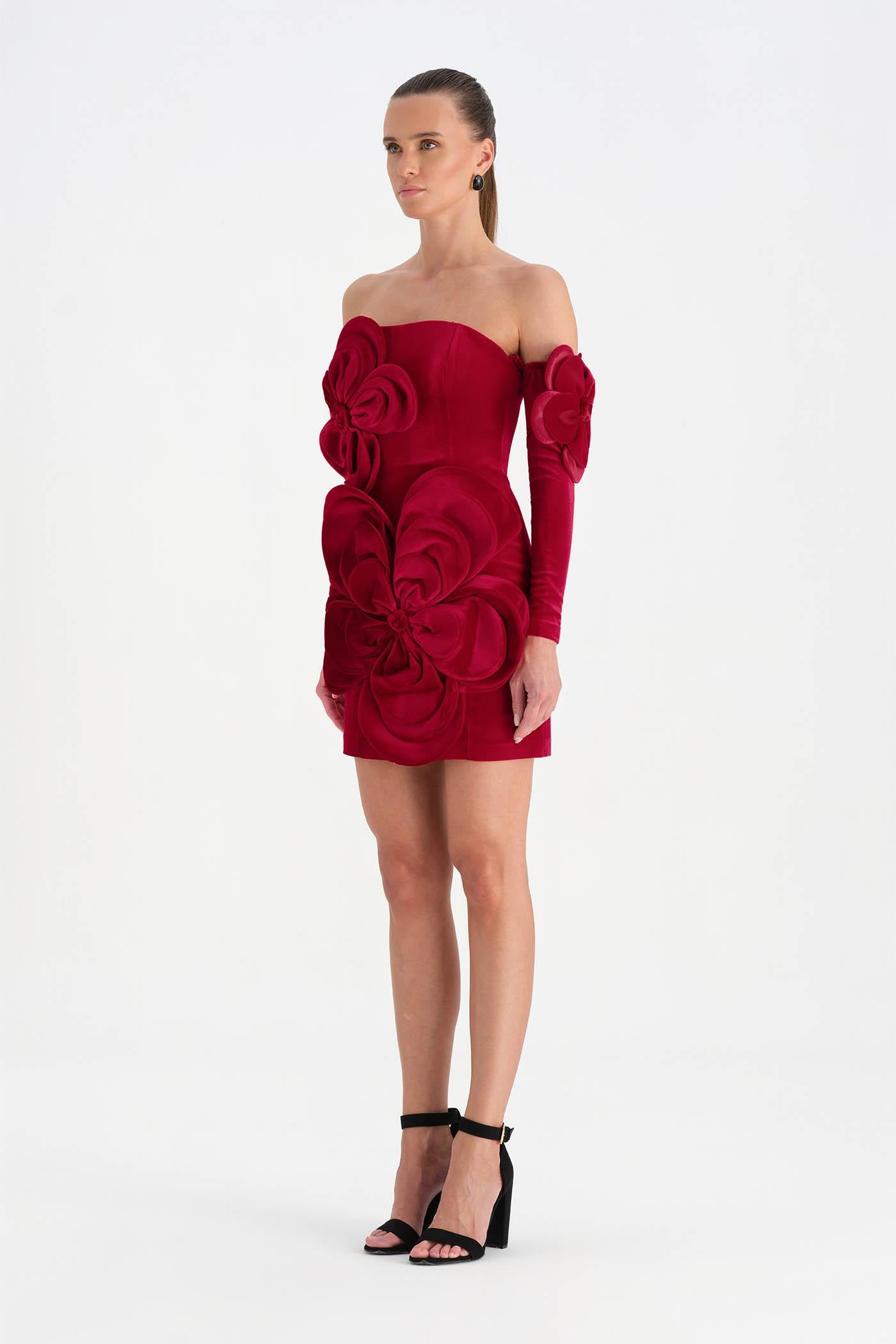 Çiçek Detaylı Kadife Mini Abiye Elbise - 26017C - KIRMIZI