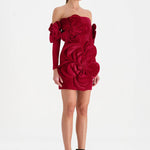 Çiçek Detaylı Kadife Mini Abiye Elbise - 26017C - KIRMIZI