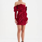 Çiçek Detaylı Kadife Mini Abiye Elbise - 26017C - KIRMIZI