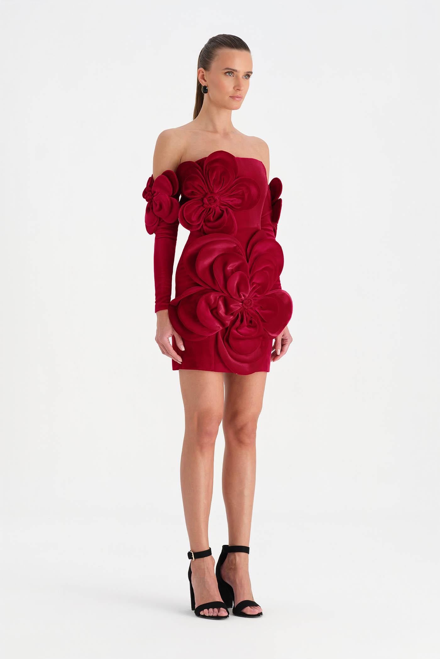 Çiçek Detaylı Kadife Mini Abiye Elbise - 26017C - KIRMIZI