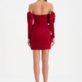Çiçek Detaylı Kadife Mini Abiye Elbise - 26017C - KIRMIZI