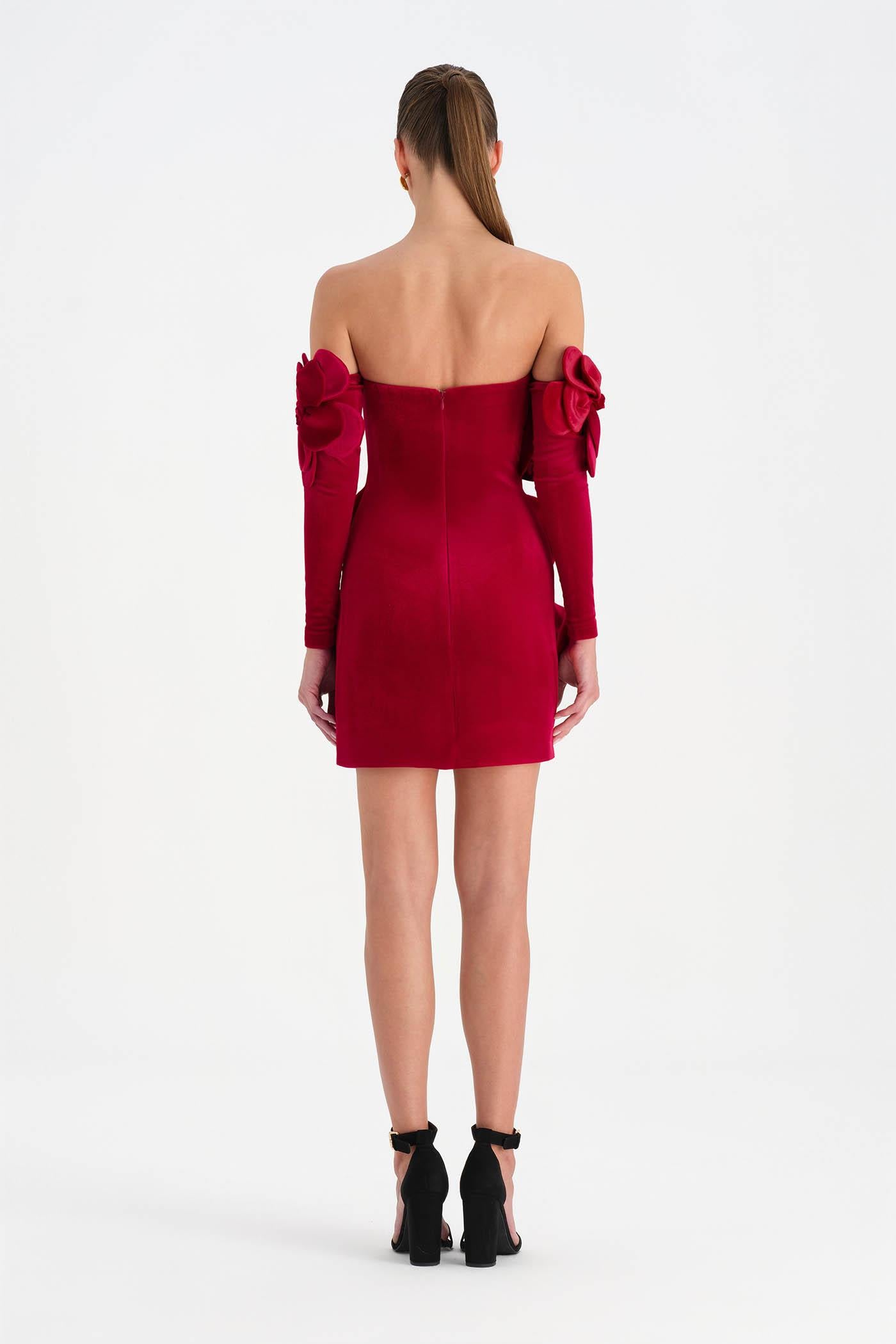 Çiçek Detaylı Kadife Mini Abiye Elbise - 26017C - KIRMIZI