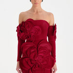 Çiçek Detaylı Kadife Mini Abiye Elbise - 26017C - KIRMIZI