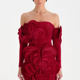 Çiçek Detaylı Kadife Mini Abiye Elbise - 26017C - KIRMIZI