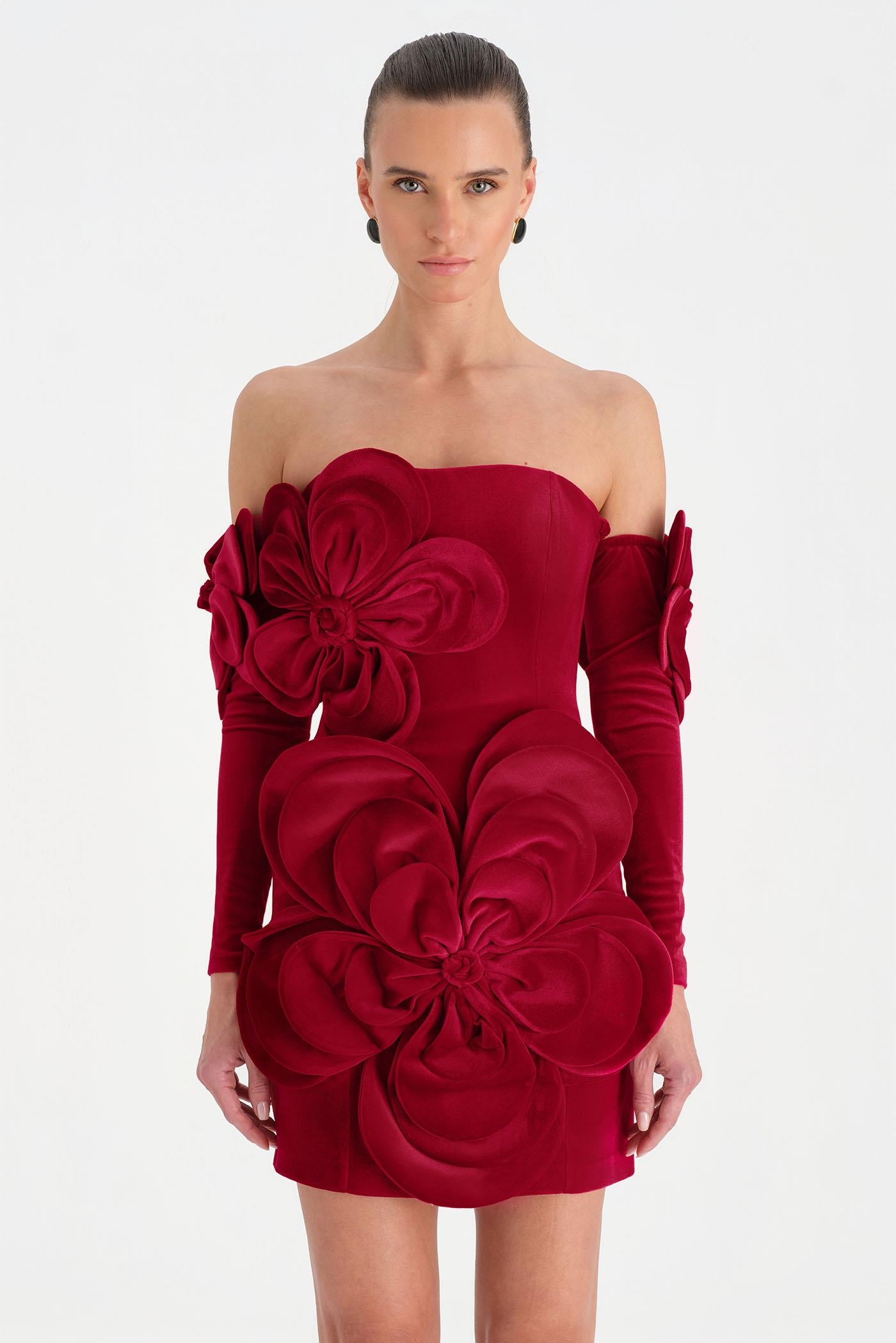 Çiçek Detaylı Kadife Mini Abiye Elbise - 26017C - KIRMIZI