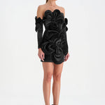 Çiçek Detaylı Kadife Mini Abiye Elbise - 26017C - SİYAH