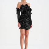 Çiçek Detaylı Kadife Mini Abiye Elbise - 26017C - SİYAH