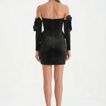 Çiçek Detaylı Kadife Mini Abiye Elbise - 26017C - SİYAH