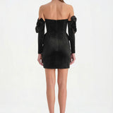 Çiçek Detaylı Kadife Mini Abiye Elbise - 26017C - SİYAH