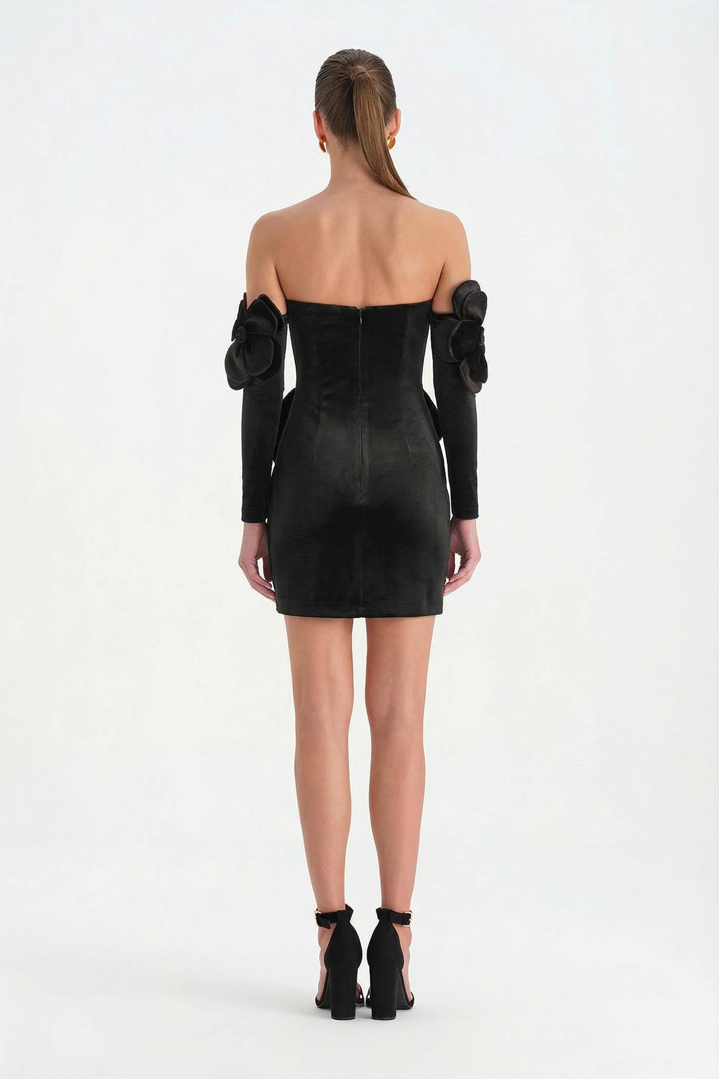 Çiçek Detaylı Kadife Mini Abiye Elbise - 26017C - SİYAH