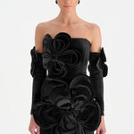 Çiçek Detaylı Kadife Mini Abiye Elbise - 26017C - SİYAH