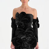 Çiçek Detaylı Kadife Mini Abiye Elbise - 26017C - SİYAH