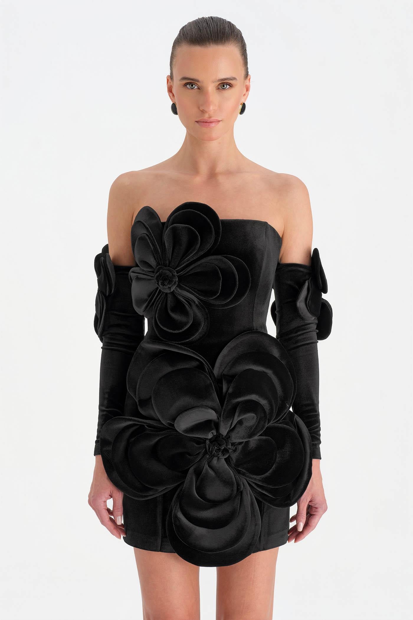 Çiçek Detaylı Kadife Mini Abiye Elbise - 26017C - SİYAH