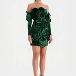 Çiçek Detaylı Kadife Mini Abiye Elbise - 26017C - YEŞİL