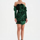 Çiçek Detaylı Kadife Mini Abiye Elbise - 26017C - YEŞİL