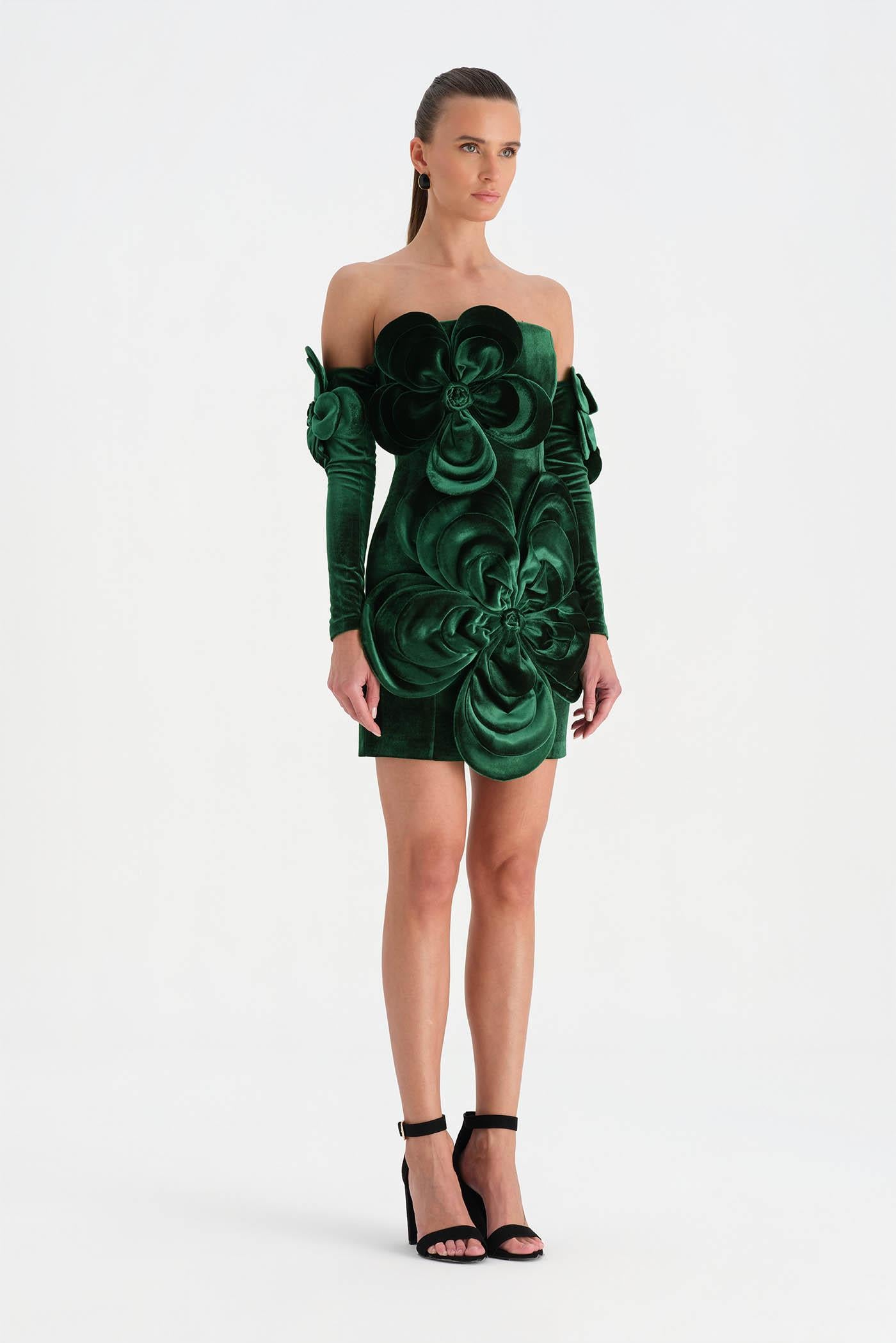 Çiçek Detaylı Kadife Mini Abiye Elbise - 26017C - YEŞİL