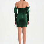 Çiçek Detaylı Kadife Mini Abiye Elbise - 26017C - YEŞİL