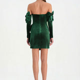 Çiçek Detaylı Kadife Mini Abiye Elbise - 26017C - YEŞİL