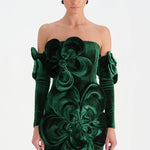 Çiçek Detaylı Kadife Mini Abiye Elbise - 26017C - YEŞİL