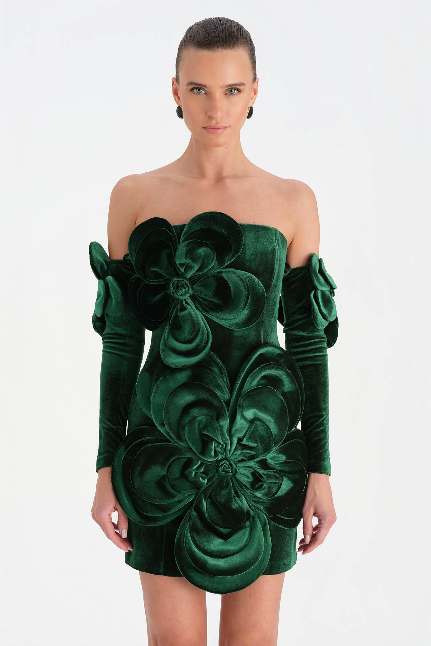 Çiçek Detaylı Kadife Mini Abiye Elbise - 26017C - YEŞİL