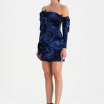 Çiçek Detaylı Kadife Mini Abiye Elbise - 26017C - LACİVERT