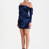 Çiçek Detaylı Kadife Mini Abiye Elbise - 26017C - LACİVERT