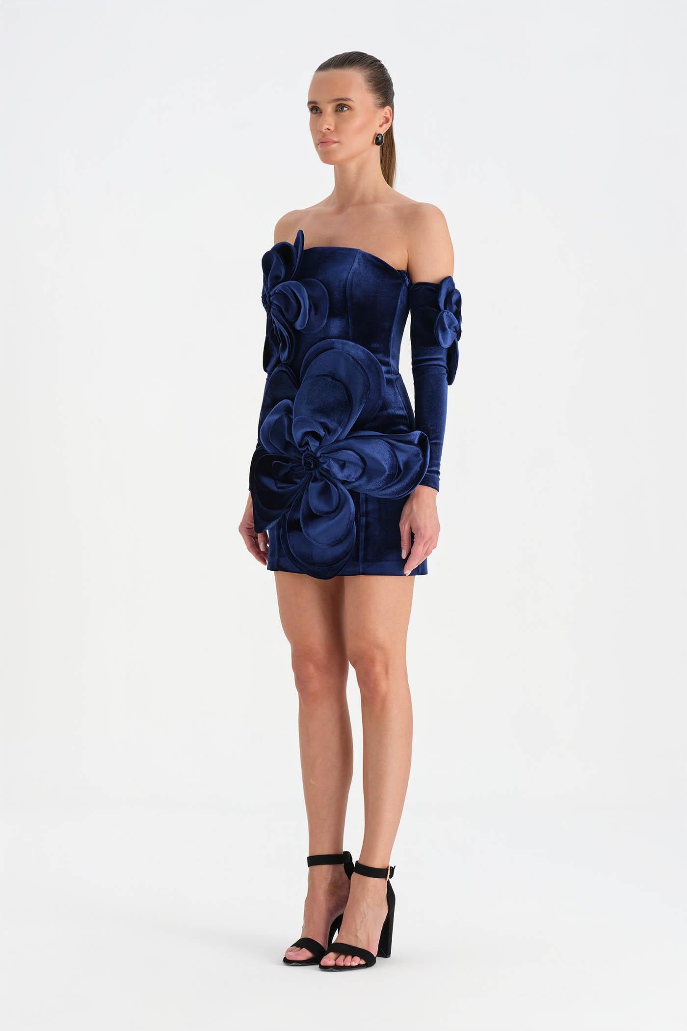 Çiçek Detaylı Kadife Mini Abiye Elbise - 26017C - LACİVERT