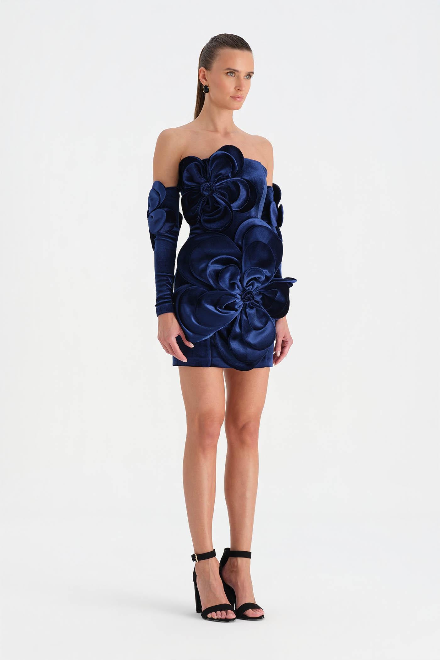 Çiçek Detaylı Kadife Mini Abiye Elbise - 26017C - LACİVERT