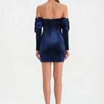 Çiçek Detaylı Kadife Mini Abiye Elbise - 26017C - LACİVERT