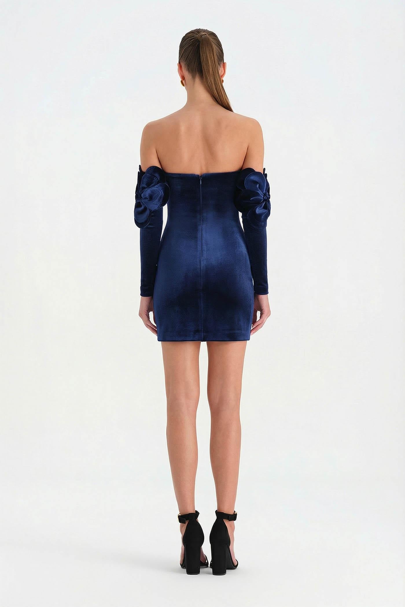 Çiçek Detaylı Kadife Mini Abiye Elbise - 26017C - LACİVERT