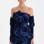 Çiçek Detaylı Kadife Mini Abiye Elbise - 26017C - LACİVERT