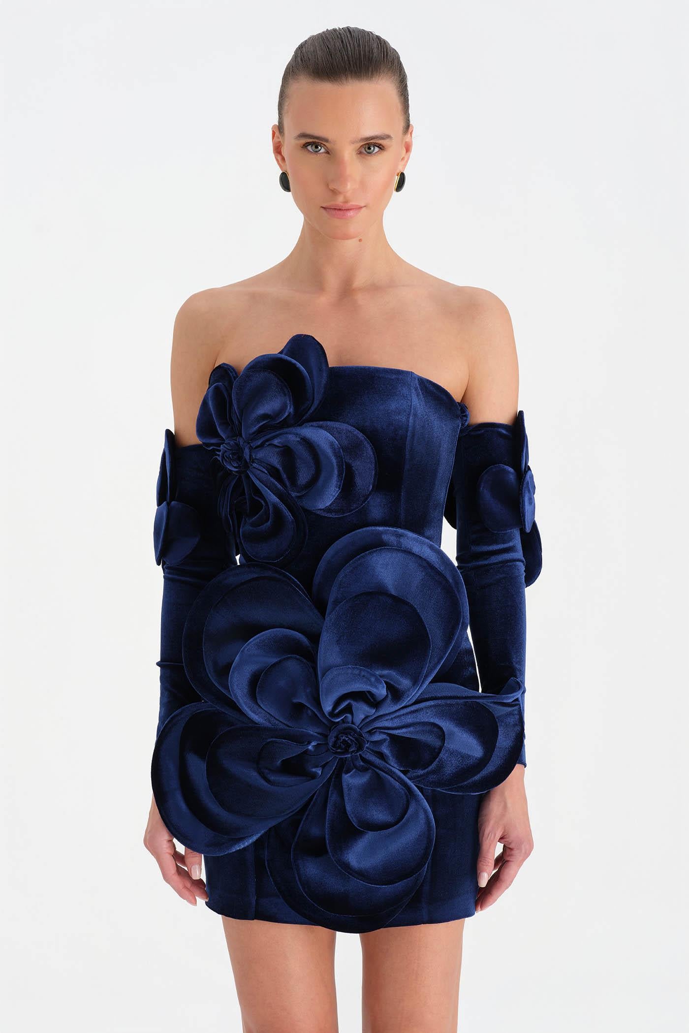 Çiçek Detaylı Kadife Mini Abiye Elbise - 26017C - LACİVERT