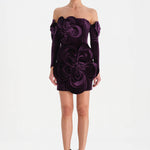 Çiçek Detaylı Kadife Mini Abiye Elbise - 26017C - MOR