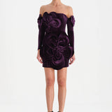 Çiçek Detaylı Kadife Mini Abiye Elbise - 26017C - MOR