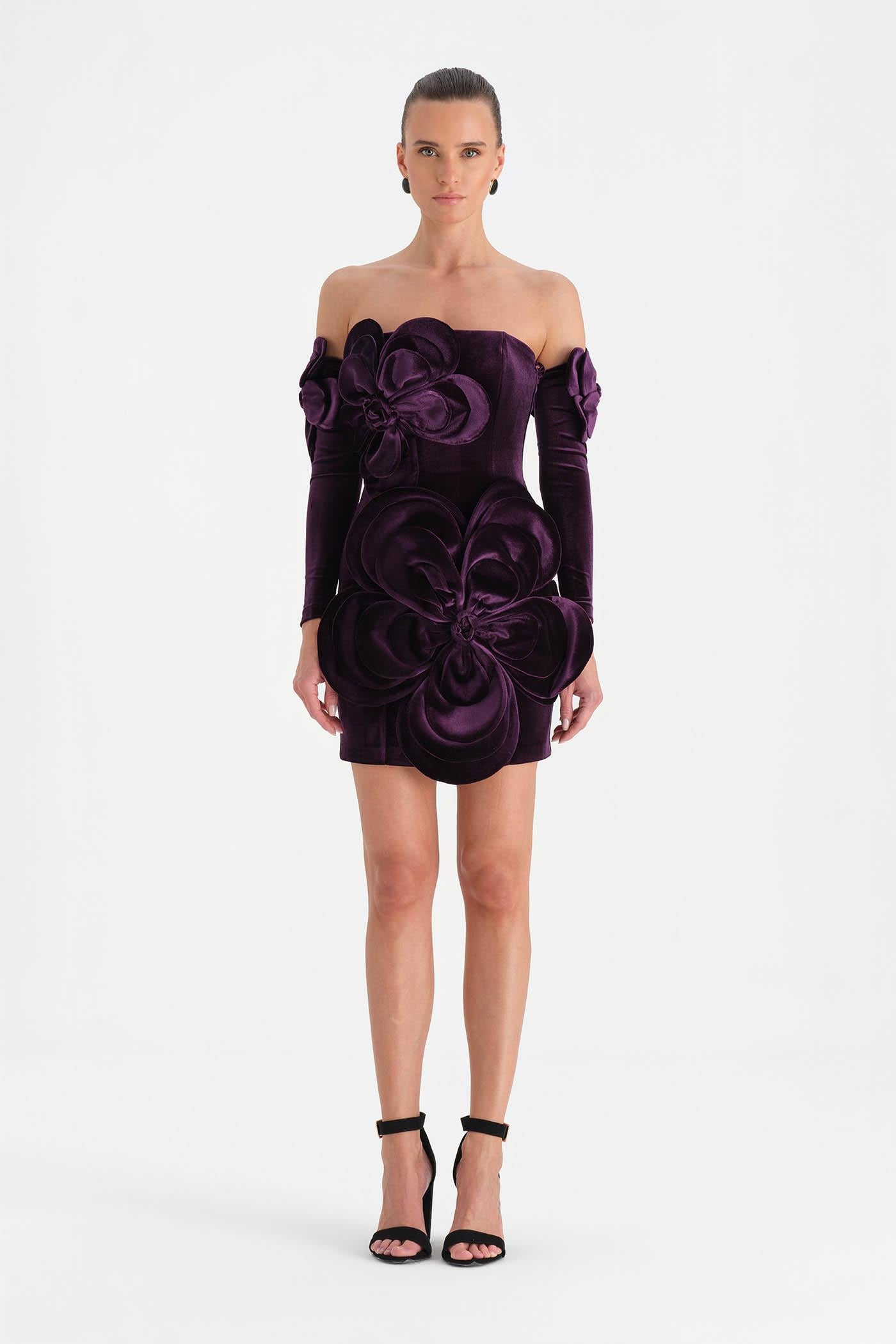 Çiçek Detaylı Kadife Mini Abiye Elbise - 26017C - MOR