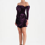 Çiçek Detaylı Kadife Mini Abiye Elbise - 26017C - MOR