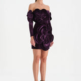 Çiçek Detaylı Kadife Mini Abiye Elbise - 26017C - MOR