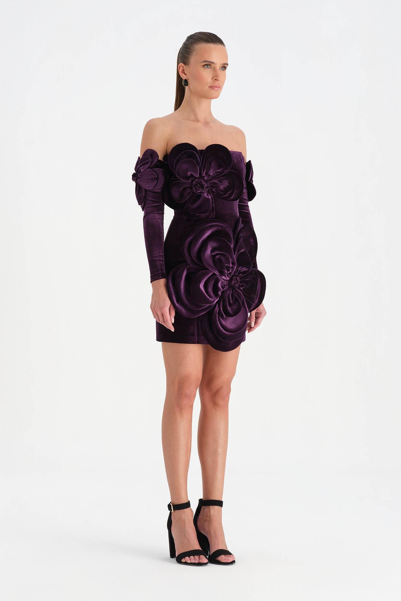 Çiçek Detaylı Kadife Mini Abiye Elbise - 26017C - MOR