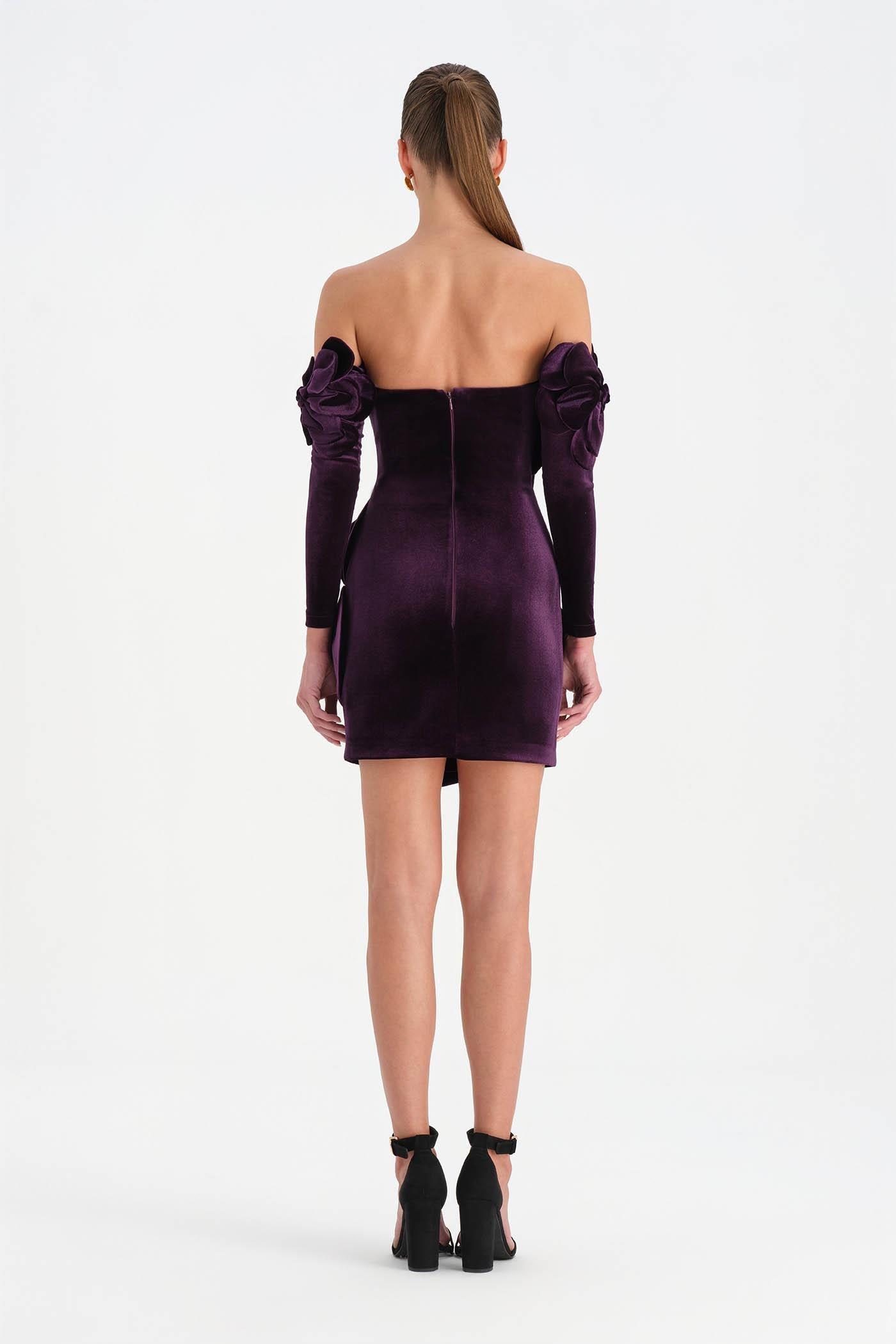 Çiçek Detaylı Kadife Mini Abiye Elbise - 26017C - MOR