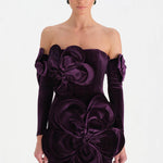 Çiçek Detaylı Kadife Mini Abiye Elbise - 26017C - MOR