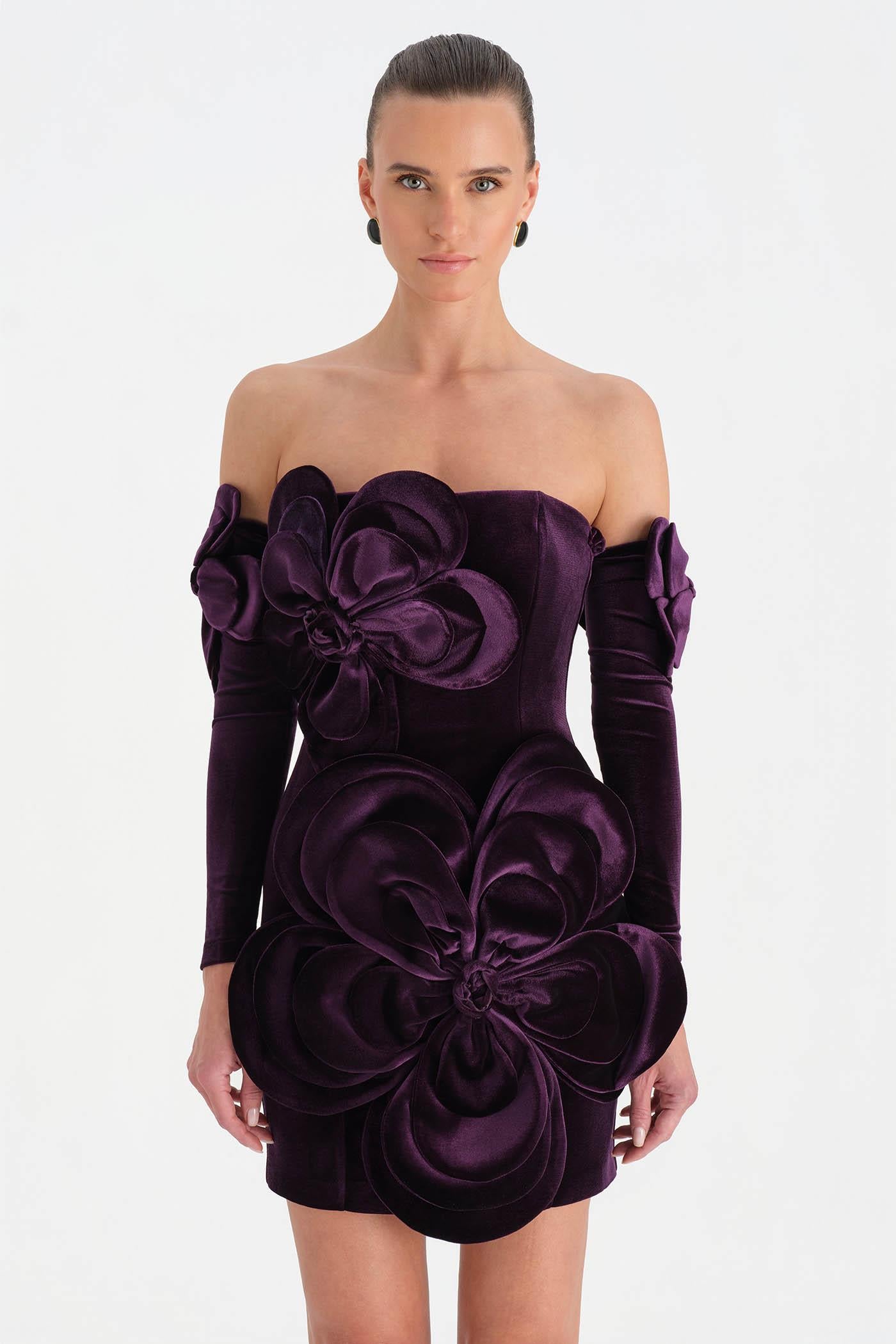 Çiçek Detaylı Kadife Mini Abiye Elbise - 26017C - MOR