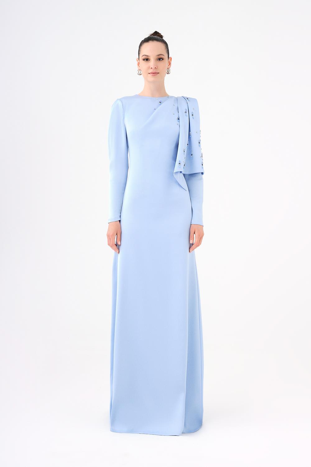Dar Kesim Taş İşlemeli Krep Uzun Abiye Elbise - Bebe Mavi