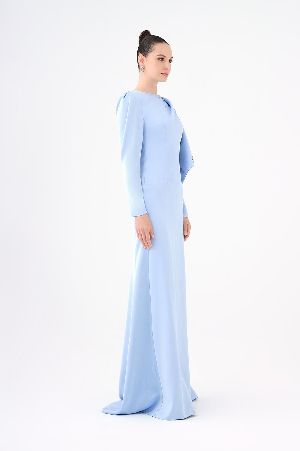 Dar Kesim Taş İşlemeli Krep Uzun Abiye Elbise Bebe Mavi