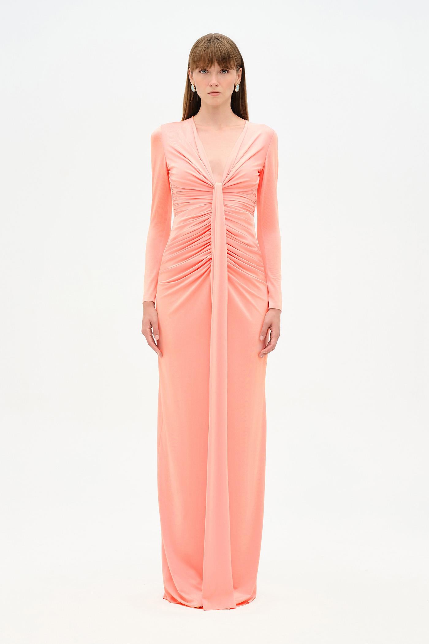 Draped Evening Dress with Deep Neckline - 26096C