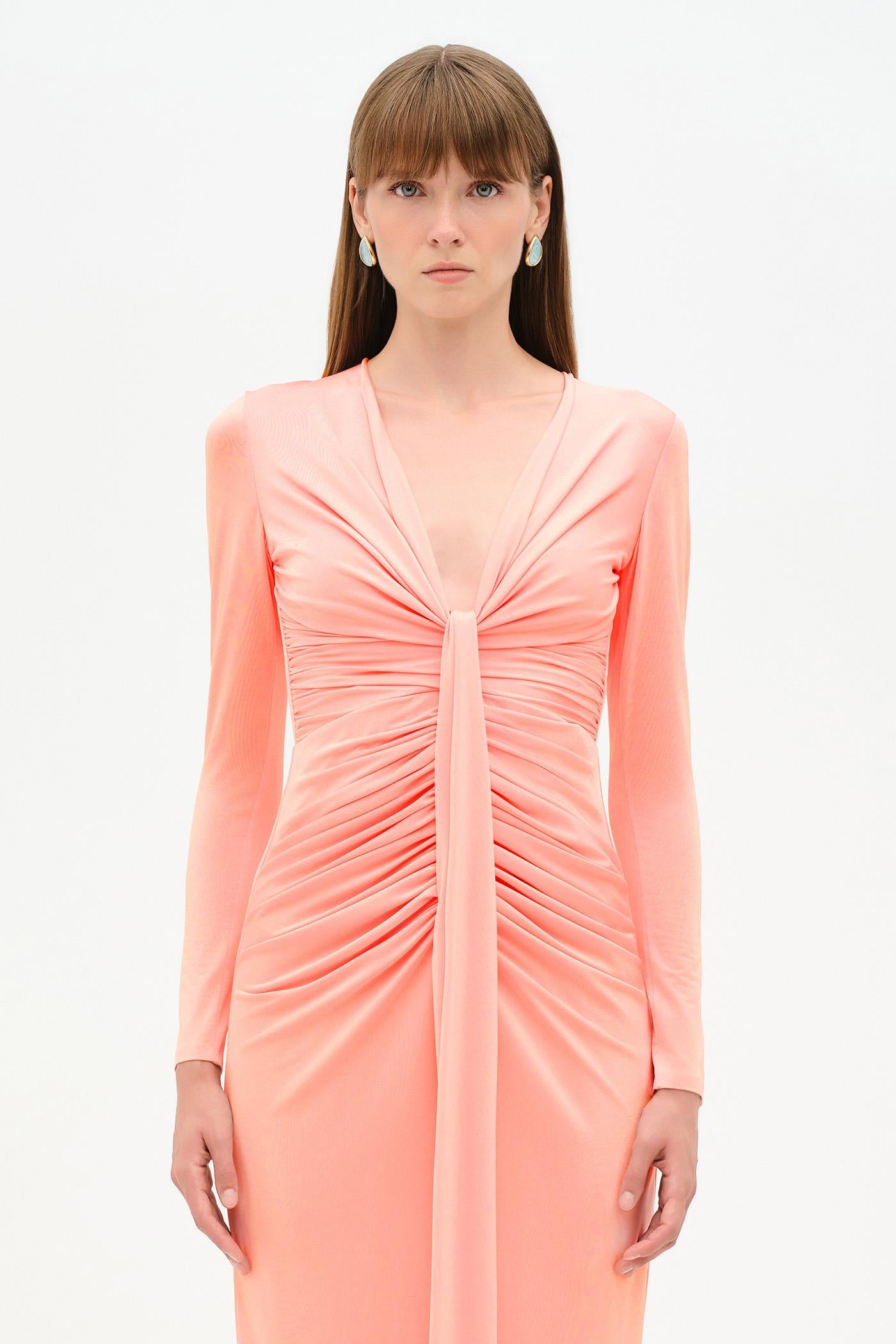 Draped Evening Dress with Deep Neckline - 26096C