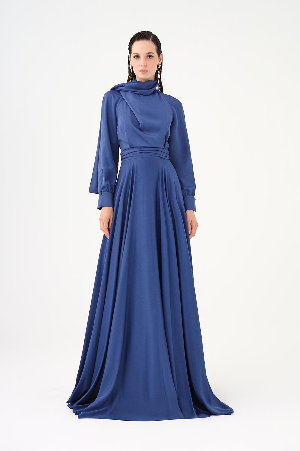 Şallı Dik Yaka Tesettür Uzun Abiye Elbise - Koyu Mavi