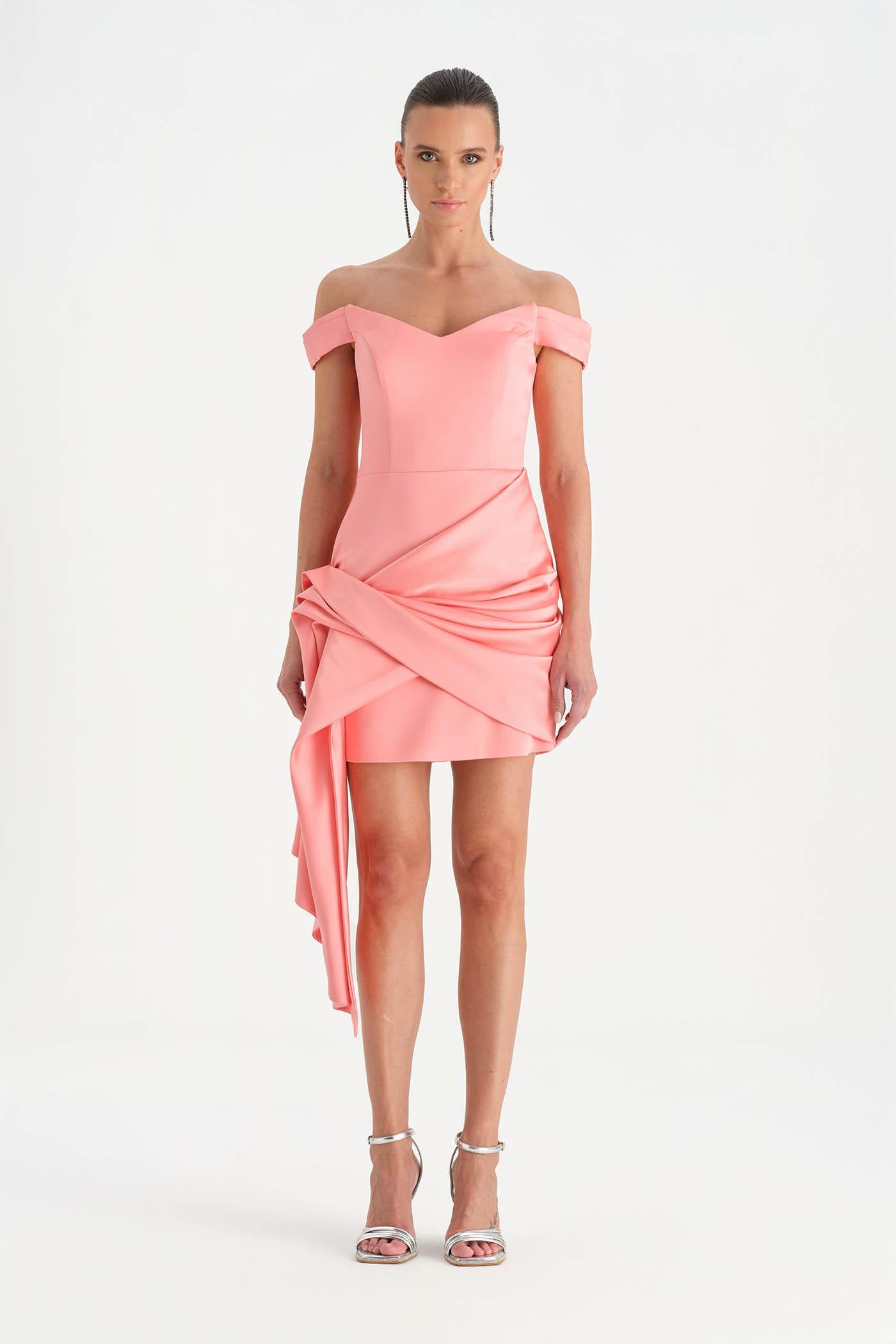 Düşük Omuz Detaylı Drapeli Abiye Elbise - 26018C - Yavruağzı