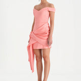 Düşük Omuzlu Drapeli Abiye Elbise - 26018C