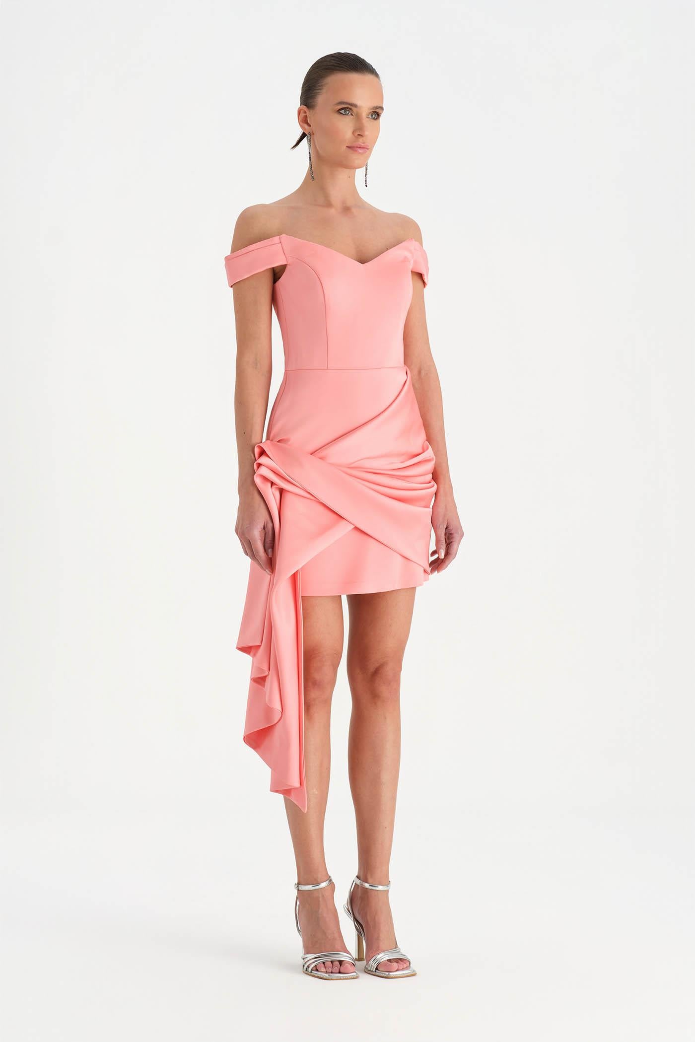 Düşük Omuzlu Drapeli Abiye Elbise - 26018C